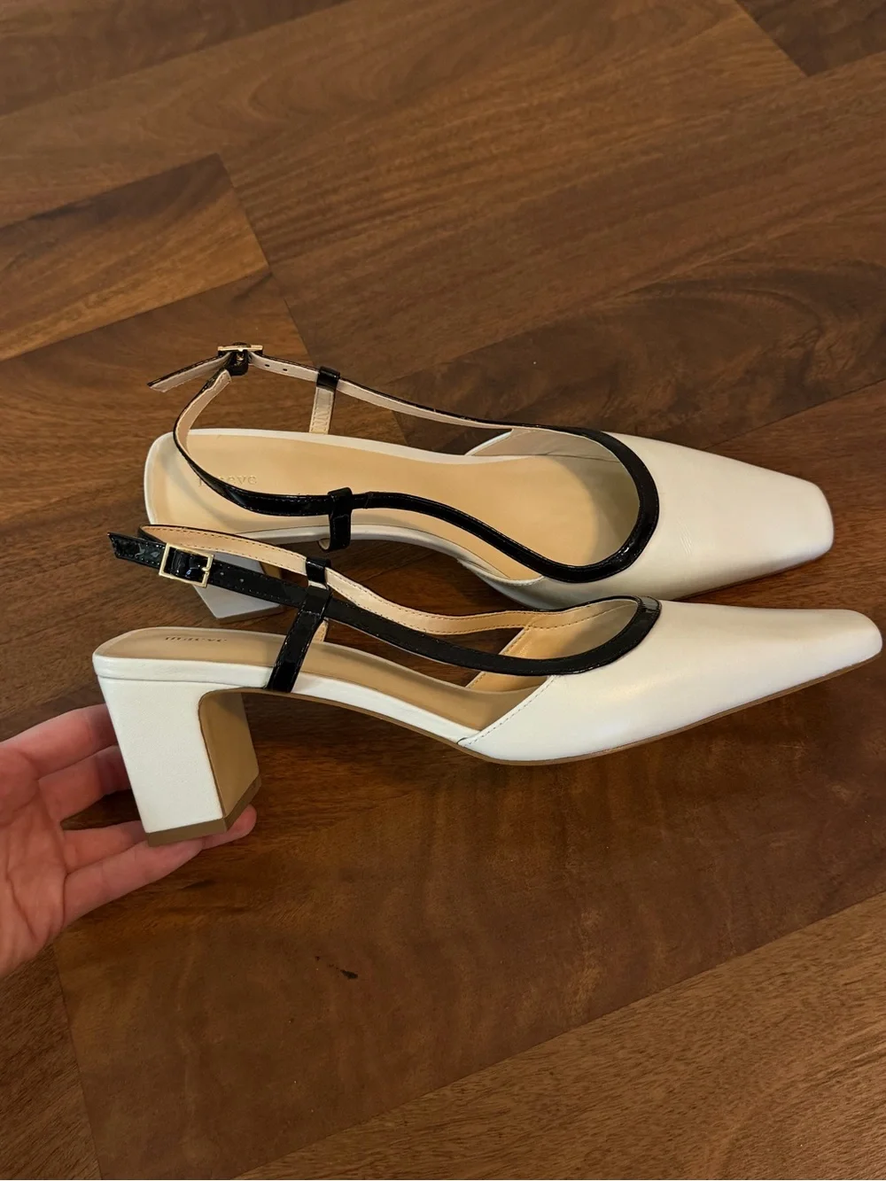 Maeve White Pointed Slingback Block Heel with Black Trim